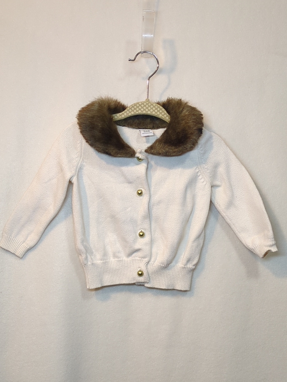 Janie and Jack Cream Knit Baby Cardigan with Brown Faux Fur Trim